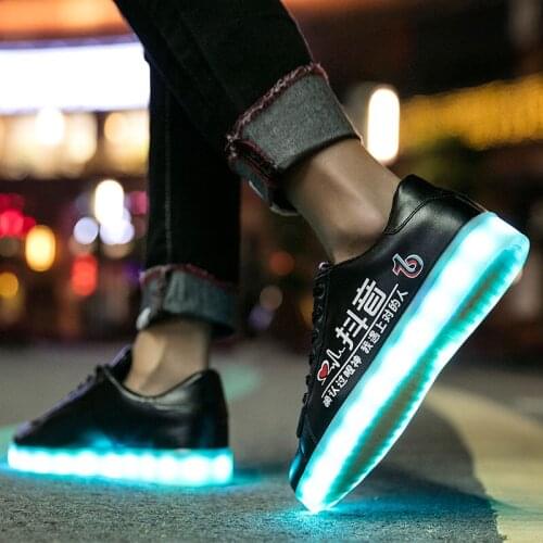 Nice New Usb Rechargeable Luminous with Lights for Women Men LED Shoes with Lighted up sole Adults lady Chinese Slogan Black