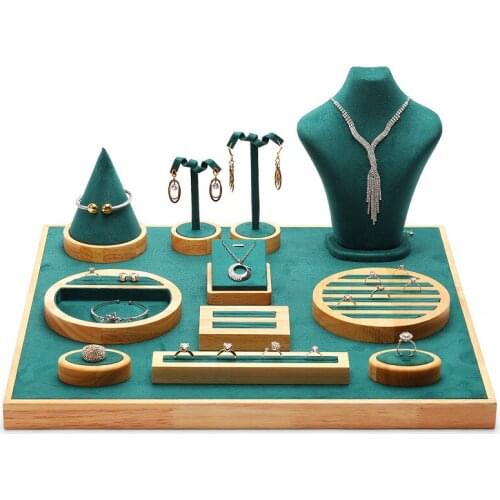 New green jewelry display props pendant necklace display stand solid wood ring earrings seat bracket set combination