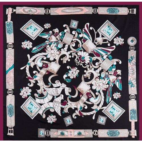 POBING 100% Twill Silk Scarf Women Gem Belts Square Scarves Large Bandana Luxury Kerchief Hijab Scarf Female Head Scarf Foulard