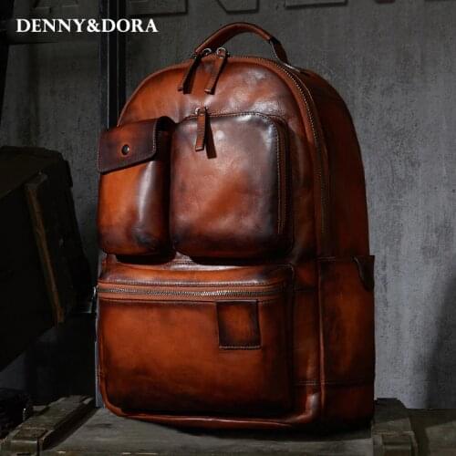 Luxury Mens Cow Leather Backpack Leather Bag Simple Military Style