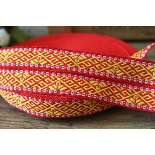 Wide 2.2cm 10yards/lot Polyester Woven Jacquard Ribbon red background yellow pattern for curtain and clothing accessory LS-2353