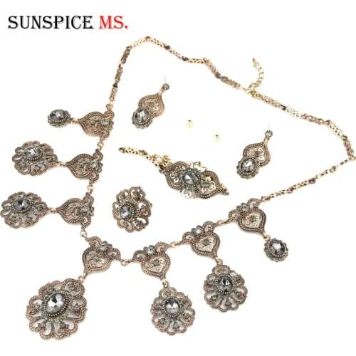 SUNSPICEMS Vintage Gray Crystal Earring Bracelet Ring Necklace Sets 4pcs Arab Flower Wedding Jewelry Antique Gold Indian Jewelry