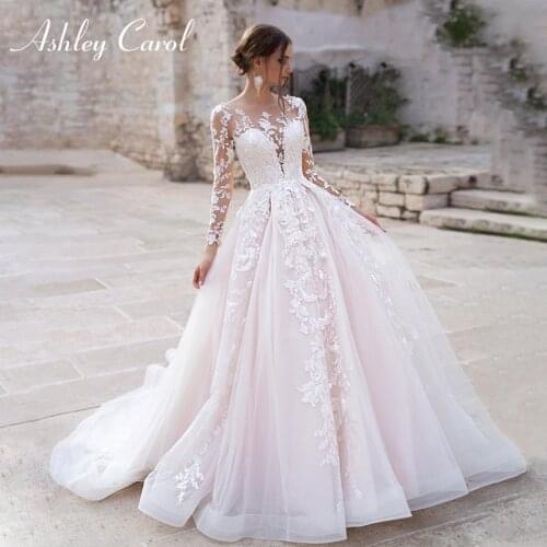 Ashley Carol Long Sleeve Princess Wedding Dress 2021 Tulle Bride Dresses Chapel Train Appliques Bridal Gowns Vestido De Noiva