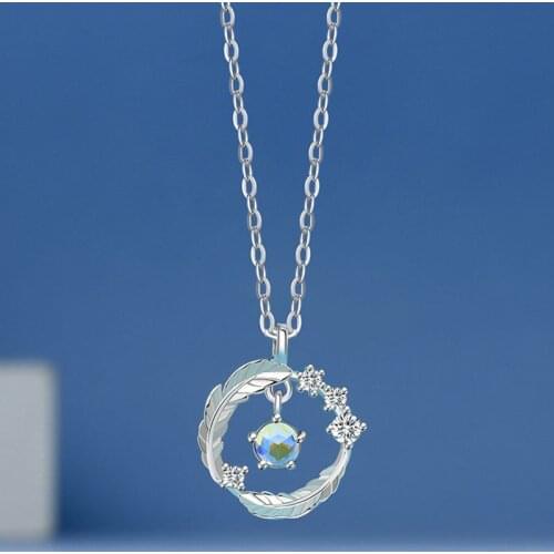 Unique Design Silver Moonstone Round Fantastic Feather Pendant Charm Necklace For Women Students Jewelry Choker Dropshipping
