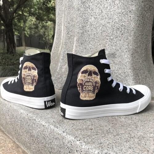 Wen Original Design Zombie Skull HARD CORE Canvas Athletic Shoes Black White High Top Women Men Sneakers Skateboarding Outdoor