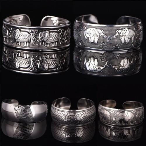 Vintage Elegant Round Metal Elephant Tibetan Tibet Silver Plated Bracelets Charming Cuff Bangles Women Jewelry Gift