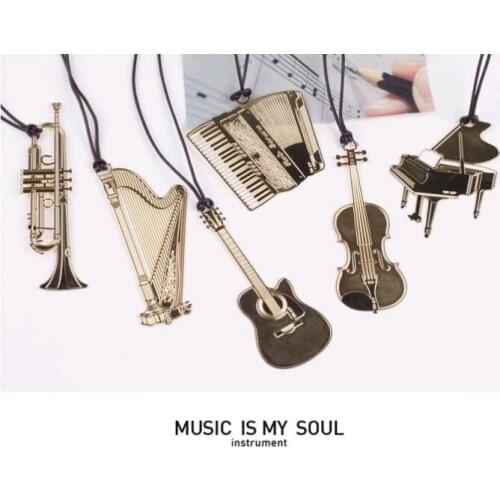 High End Musical Instruments Gold-plated Bookmarks Literary Music Bookmarker Piano Guitars Harp Page-marker for Students