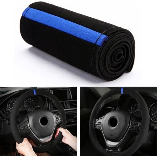 38cm Car Steering Wheel Cover ProtectorR Suede Anti-Slip Replacement Steer Wheel Cover Fits 15inches Wheel Black Blue Universal