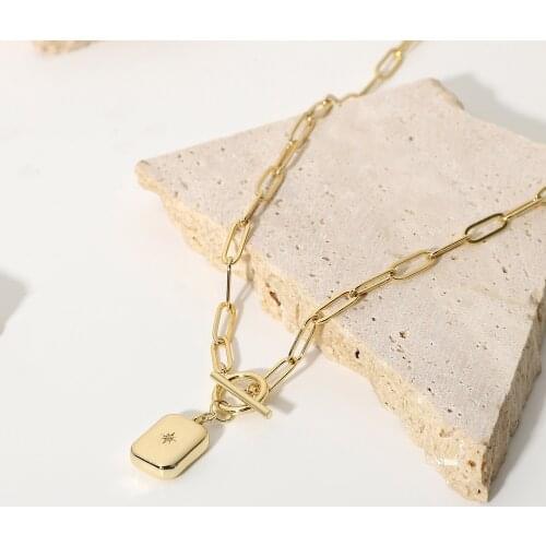 14K Gold Plated OT Buckle Jewelry Rectangular Shape Zircon Star Power Pendant OT Buckle Necklace for Women