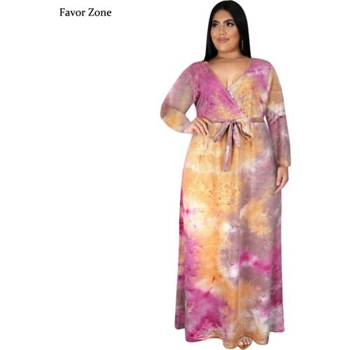 Plus Size Tie Dye Long Dress Women Winter Autumn Long Sleeve Sexy V-neck High Waist Split Bandage Casual Fashion Maxi Dress 5XL