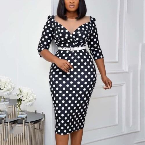 2021 Autumn Winter New Women Dress Polka Dot Printed Mesh Patchwork Bodycon High Waisted Elegant Office Business Work Wear Dress