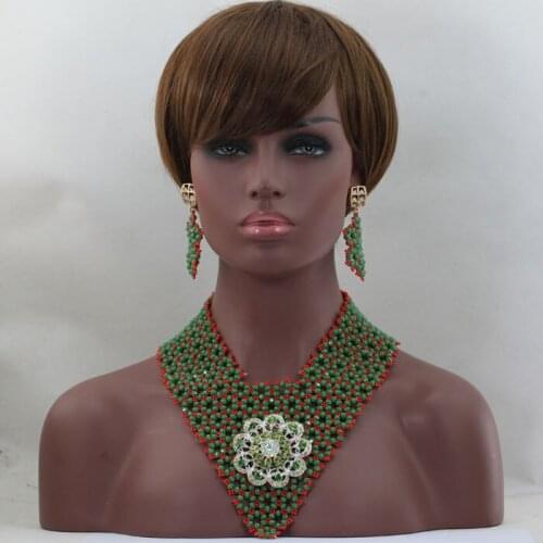 2016 Fashion Nigerian Indian Wedding African Crystal Beads Jewelry Sets Costume Bridal V-Neck Necklace Set Free Shipping ALJ711