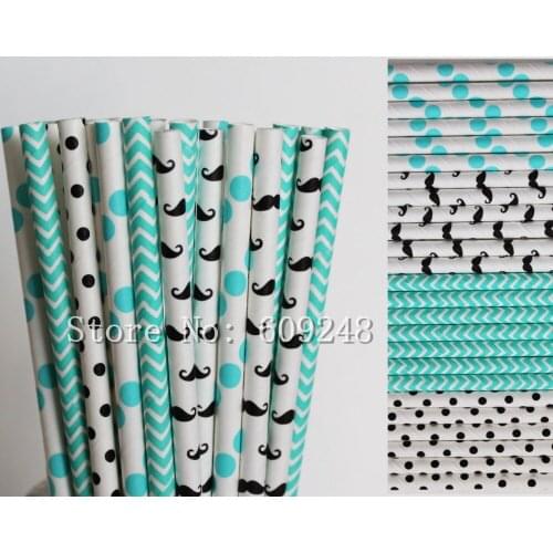 100pcs Drinking Paper Straws Mix,Aqua Polka Dot and Chevron,Black Mustache and Swiss Dot,Little Man Birthday Party,Fancy,Bulk
