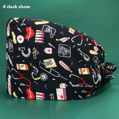 Cartoon printing ElasticTieback Adjustable Women Cap Sweatband Surgery Hat Men Nurse Hair Cap Uniform Accessories scrubs cap