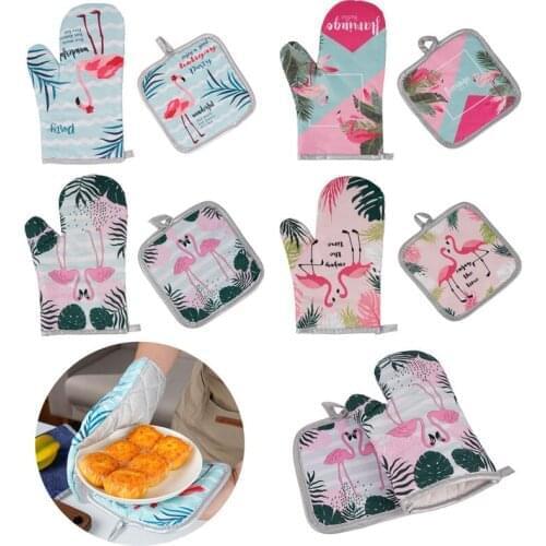 2Pcs/Set Cotton Fashion Flamingo Kitchen Pad Cooking Microwave Baking BBQ Oven Potholders Oven Mitts Kitchen Gloves Mitts