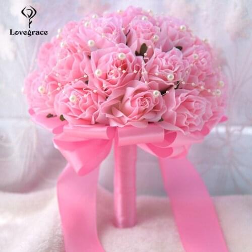 Lovegrace Bride Wedding Bouquet Flower Bridesmaid Holding Flower Artificial Silk Rose Fake Pearl Party Prom Wedding Bouquets