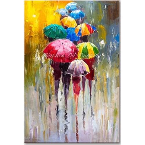 Mintura Hand Painted Oil Paintings on Canvas Wall Picture For Living Room The Crowd in The Rain Hotel Decor Wall Art No Framed