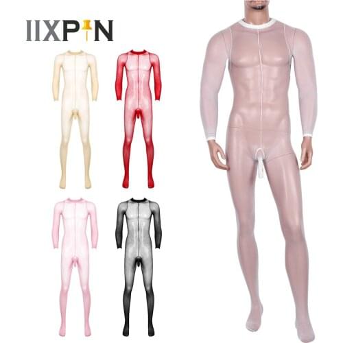 Mens See Through Long Sleeves Open Penis Sheath Design Closed Toes Stretchy Body Pantyhose Tights Ultra-Thin Full Body Stockings