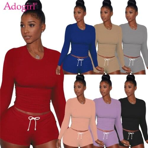 Adogirl 2020 Autumn Solid Tracksuit 2 Piece Sets for Women Long Sleeved T Shirt Crop Top Shorts Casual Active Outfits Clothing