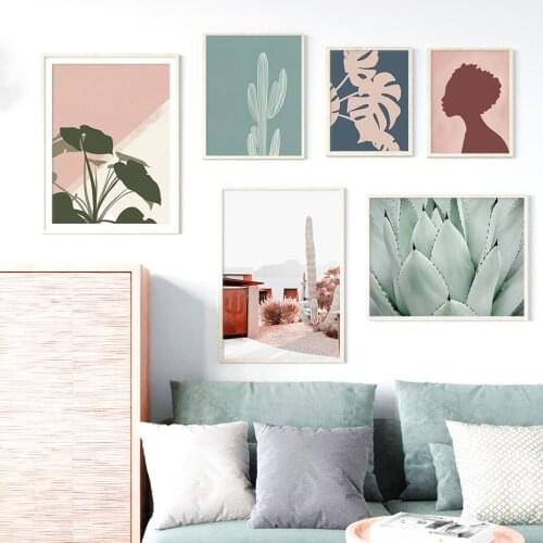 Canvas Poster Painting Green Leaf Wall Art Prints Modular Colorful Cactus Picture Girl Home Decoration For Living Room No Frame