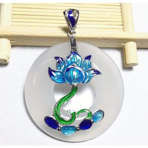 S925 sterling silver inlaid pure natural white chalcedony cloisonne blue flowers nostalgic pendant