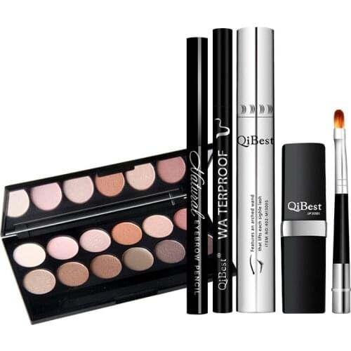 QiBest Band 6Pcs Mascara + Eyeshadow + Eyeliner Pencil + Lipstick + Lip Brush Makeup Cosmetic With Brush Long-lasting For Women
