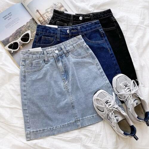 Retro Denim Basic Washed Three-color High Waist Slim Skirt