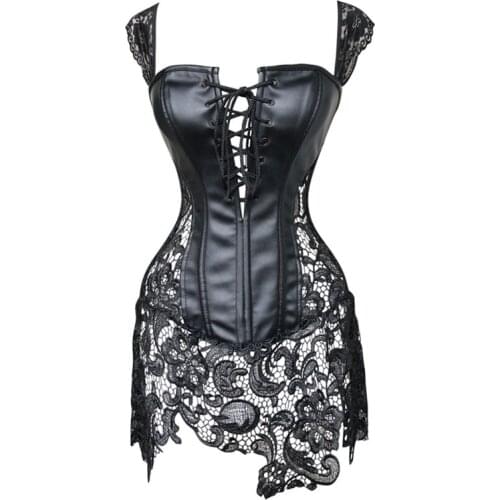 S-6XL Sexy Lingerie Women Black Faux Leather&Lace Burlesque Steampunk Corset Dress Waist Gothic Bustier Corpet
