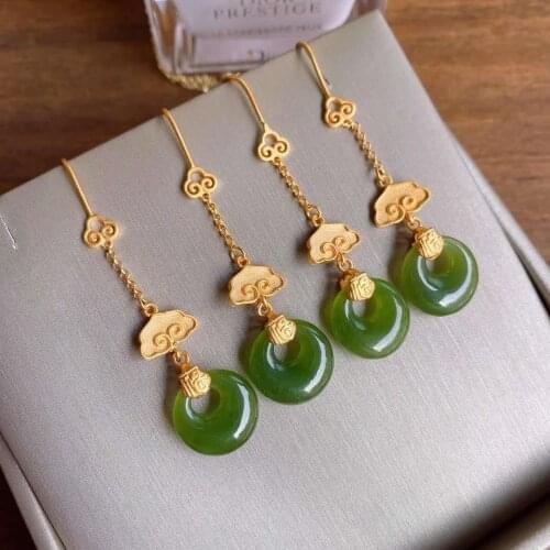 Silver inlaid natural Hetian Jasper antique Earrings Chinese classic fairyland elegant charm minority design womens first brand