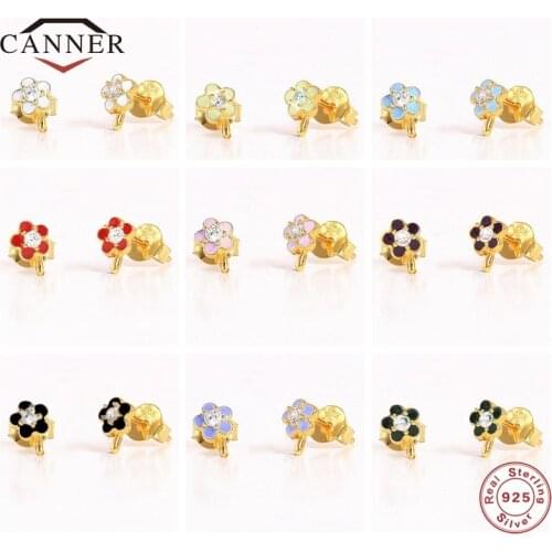 CANNER 100% Silver 925 Colorful Dripping Flower Piercing Cartilage Earring Stud Earrings for Women Jewelry Gift Pendients Plata