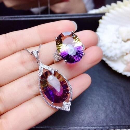 Super big size shinning natural ametrine gem ring and necklace jewelry set real 925 silver purple and yellow color girl gift