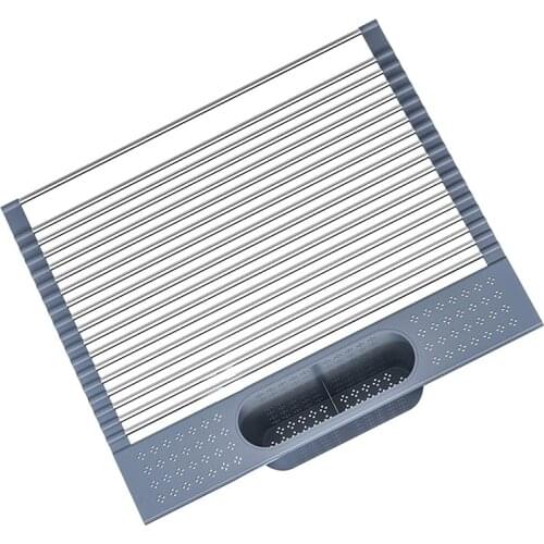 MLGB Kitchen Sink Roll-Up Dish Drying Rack Stainless Steel Cutlery Drainer with Cutlery Holder for Kitchen Sink-Dark gray