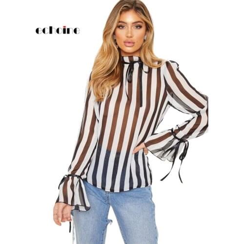 Sexy Shirt Blouses Women Thin Striped Print Bow Perspective Loose Long Flare Sleeve Turtleneck Spring Autumn Girls Daily Outfits