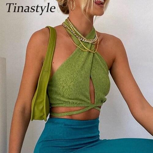 Tinastyle Green Sexy Bandage Crop Top Women Tank Top Backless Hollow Out Short Summer Tops Ladies Casual Vest Tees Streetwear