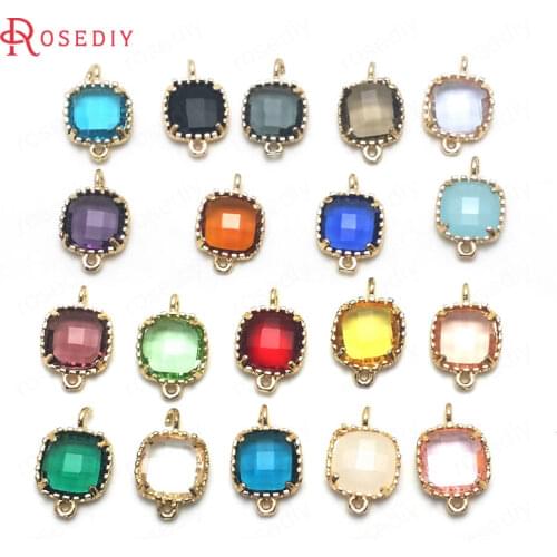 10PCS 9x14MM 24K Champagne Gold Color Brass and Glass Square 2 Holes Connect Charms Pendants Diy Jewelry Findings Accessories