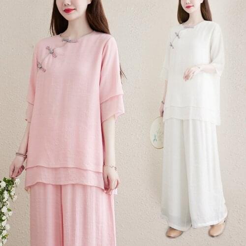 2021 Tai Chi Kungfu Uniform Cheongsam Top+Wide Leg Pants 2 Piece Sets Womens Outfits Newchinese Style Summer Clothes for Women