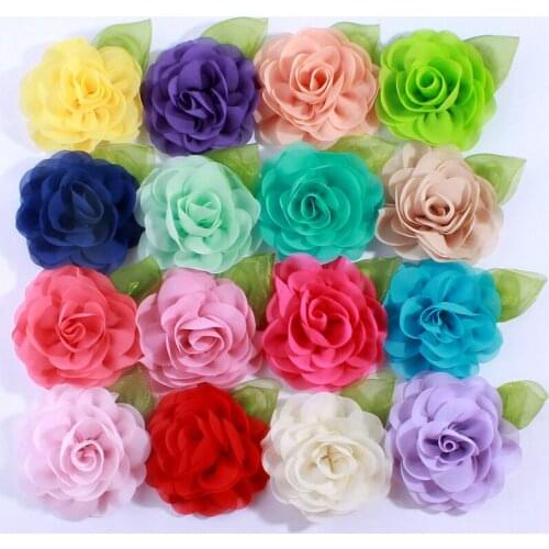 50PCS 8.5CM Big Beauty Green Leaf Chiffon Flowers For Hair Clips Petals Poppy Fabric Flower For Hair Accessories You pick Color