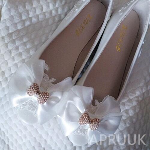 Satin bow butterfly-knot bridal wedding shoes bride plus size 41 42 43 ladies lace flats shoes flower girls bridesmaid shoes