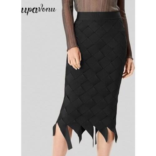 Free Shipping 2020 Women Elegant Bandage Skirt Fashion Fringed Slim Solid Color High Waist Woven Pencil Skirt Club Party Skirt