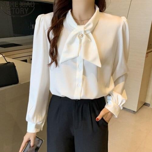 Women Tops Office Lady Long Sleeve Fashion Bow V Neck Shirt 2021 New White Blouse Chiffon Shirts Clothes Button Up Shirt 16163