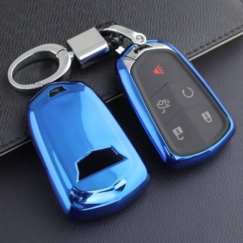 Car Key Case Fob Cover Shell Chain Ring For Cadillac ATS-V CTS-V XTS XT4 XT5 CT6 Escalade Blue