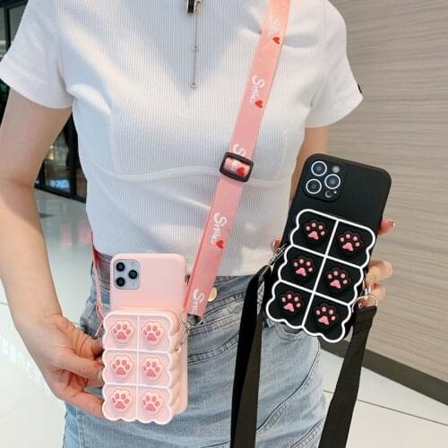 Purse Lanyard Wallet Phone Cases For OPPO A94 A74 A54 A55 A93 A15 A35 A73 A53 A72 A92S A92 A52 A91 Cat Claw Card Stand Cover