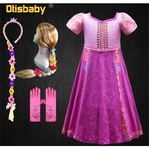 Tangle Halloween Costume Christmas Girls Rapunzel Dress Party Purple Printed Dress Rapunzel Wig for Children Fantasia Rapunzel
