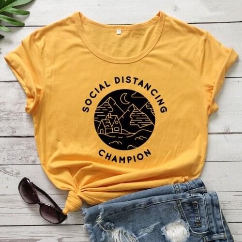 Social Distancing Champion T-shirt Aesthetic Summer Short Sleeve Hipster Graphic Tee Top Casual Women Camping Tshirt
