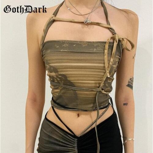 Goth Dark Punk Gothic Camis Grunge Lace Up Off Shoulder Women Crop Tops Hip Hop Bodycon Sleeveless Vintgae Print 90s Streetwear