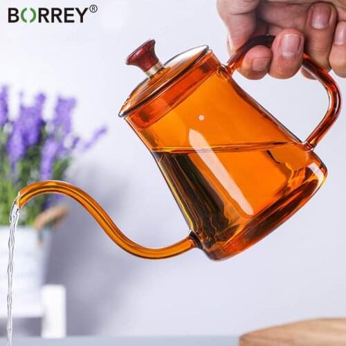 BORREY 350ML/600ML Glass Long Mouth Coffee Pot Gooseneck Swan Neck Thin Mouth Kettle Brewers Hand-Made Coffe Maker Drip Kettle