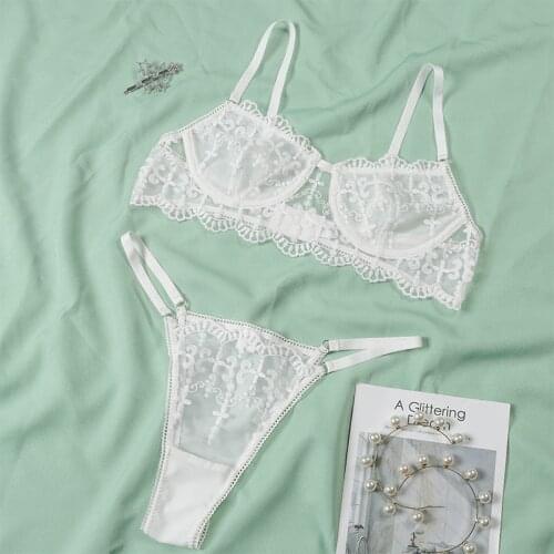 Nightclub Party Sexy Lace Pure Stitching Lingerie Suit Women Applique Mesh Bra and Panty Set White