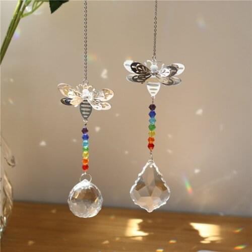 Metal Bee Crystal Sun Pendant Colorful Beads Hanging Drop for Outdoor Indoor Garden Window Wedding Chandelier DIY Decor