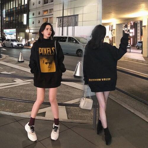 Fashion Hoodies Women Turtleneck Plus Velvet Warm Harajuku Printed Hoodie Streetwear Pullovers Womens Oversize Japan Sweatshirts