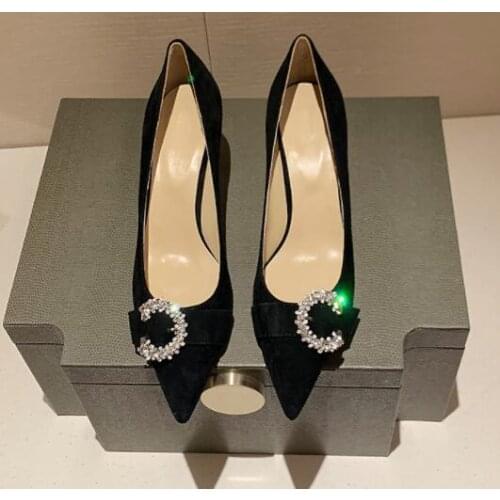 Moraima Snc Crysatl Embellished High Heel Shoes Women Black Suede Party Wedding Heels Thin Heels Pumps Office Lady Heels